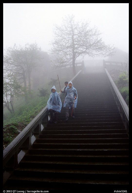 Pilgrims descend stairs beneah Xixiangchi temple in raingear. Emei Shan, Sichuan, China