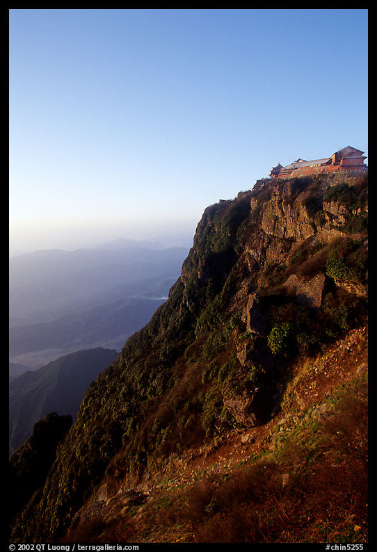 Sunrise on Jinding Si (Golden Summit), perched on a steep cliff. Emei Shan, Sichuan, China
