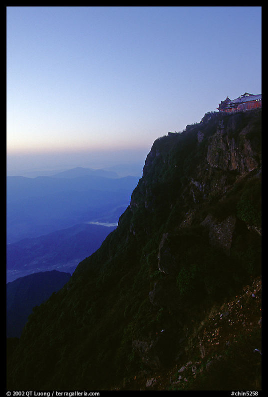 Sunset on Jinding Si (Golden Summit), perched on a steep cliff. Emei Shan, Sichuan, China