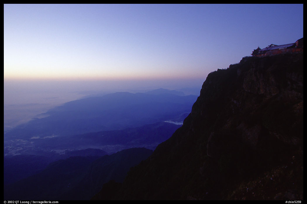 Sunset on Jinding Si (Golden Summit), perched on a steep cliff. Emei Shan, Sichuan, China