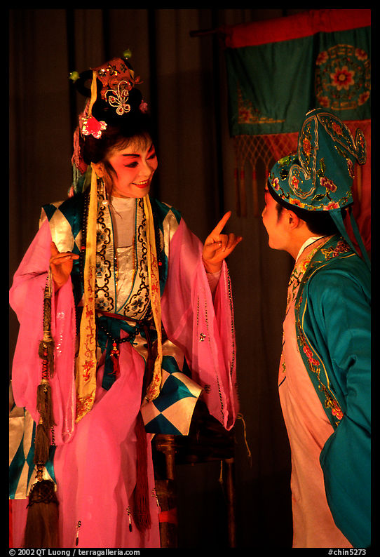Two characters of Sichua opera on stage. Chengdu, Sichuan, China
