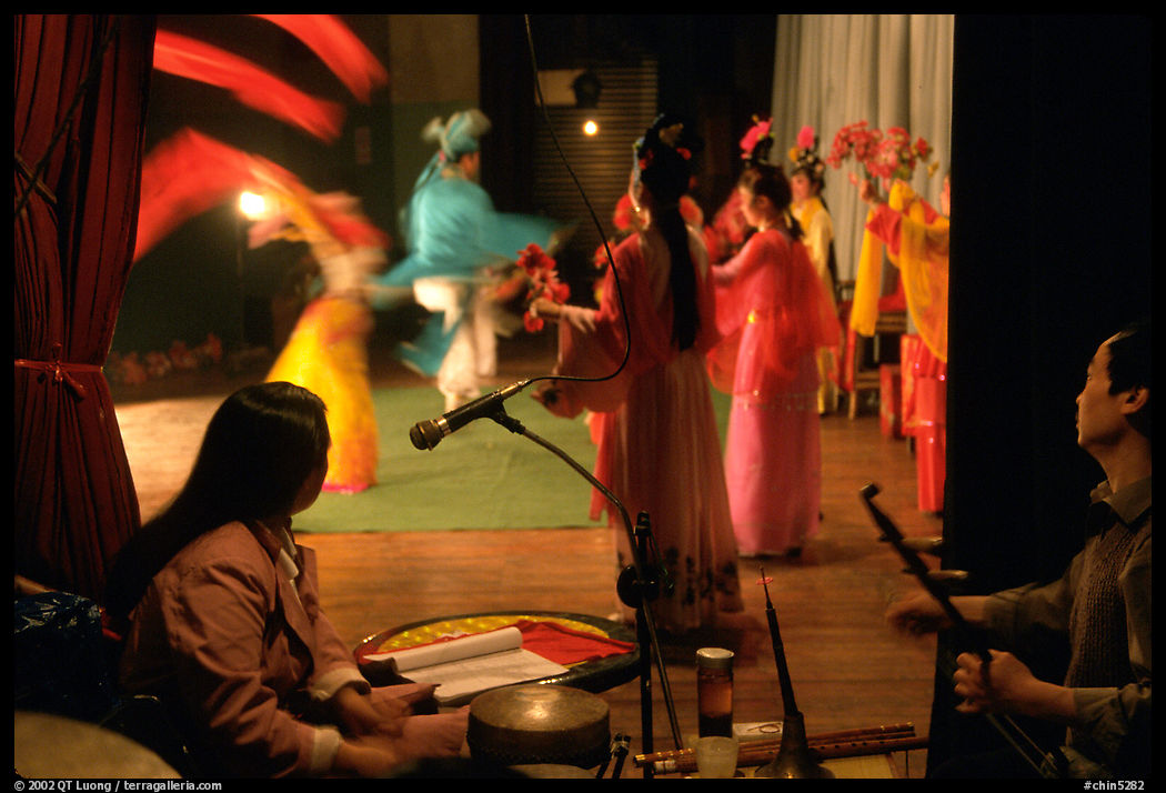 Sichuan opera performers and musicians seen from the backstage. Chengdu, Sichuan, China