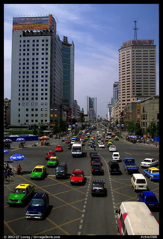 Car traffic on a major avenue. Chengdu, Sichuan, China