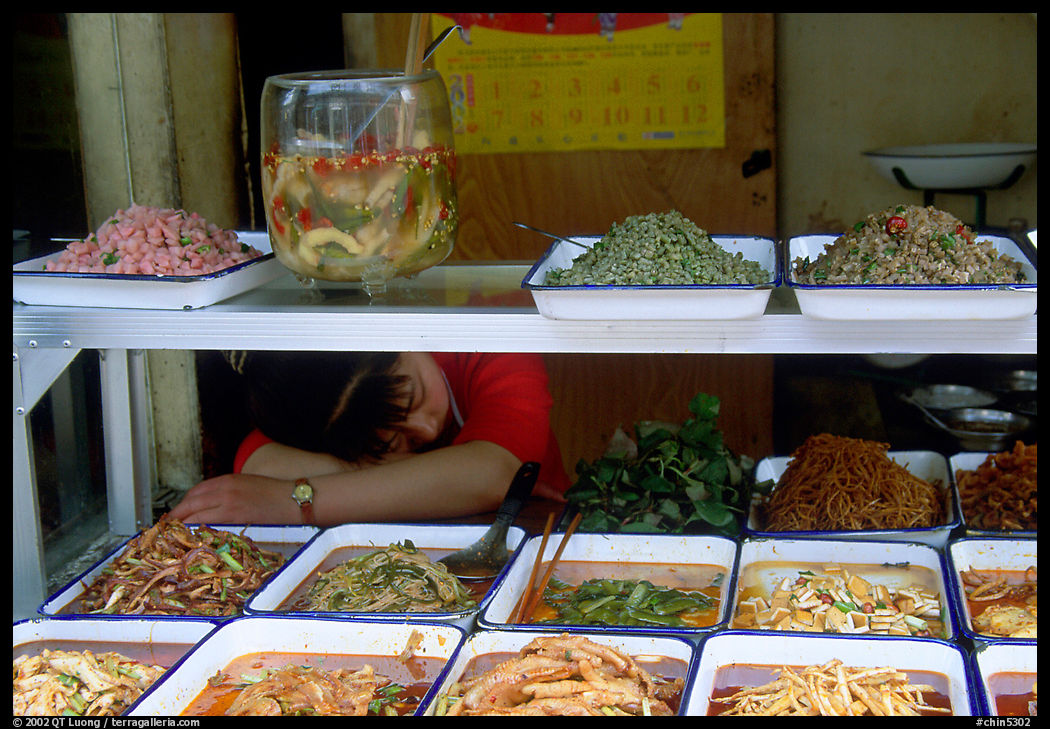 Vendor taking a nap at a food stall.. Chengdu, Sichuan, China