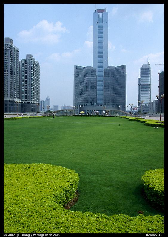 Landscaped plaza and highrises near the East train station. Guangzhou, Guangdong, China