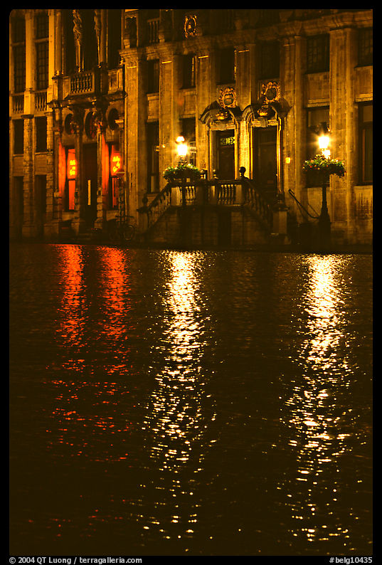 Lights reflected in wet cobblestones, Grand Place. Brussels, Belgium