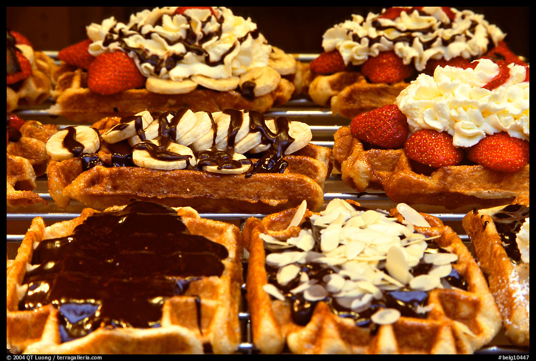Belgian waffles with a variety of toppings. Brussels, Belgium