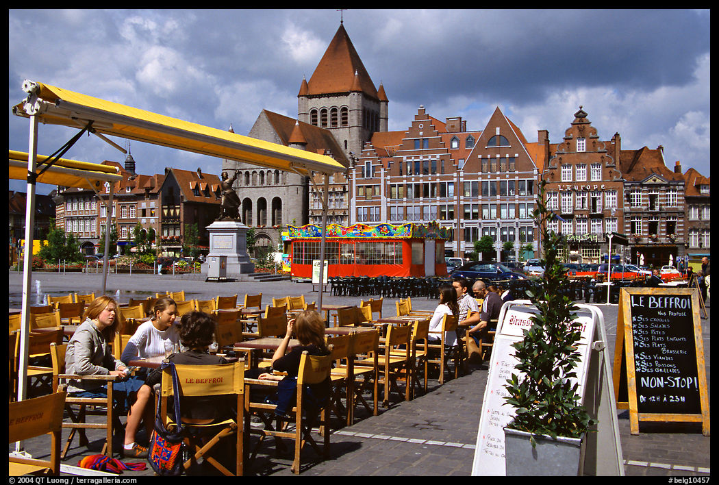 Outdoor cafe terrace, Grand Place. Tournai, Belgium