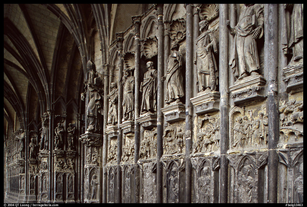 Carvings outside of Notre Dame Cathedral. Tournai, Belgium