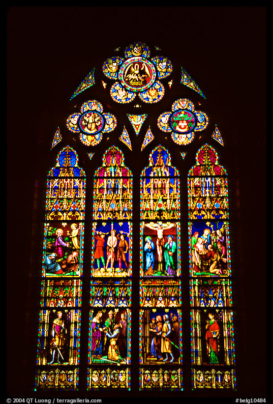 Glass stained window in the Basilica of Holy Blood. Bruges, Belgium