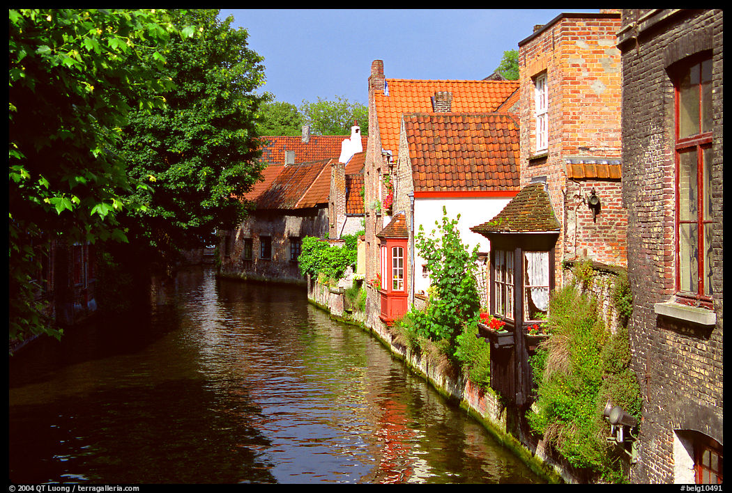 Canal lined with houses and trees. Bruges, Belgium