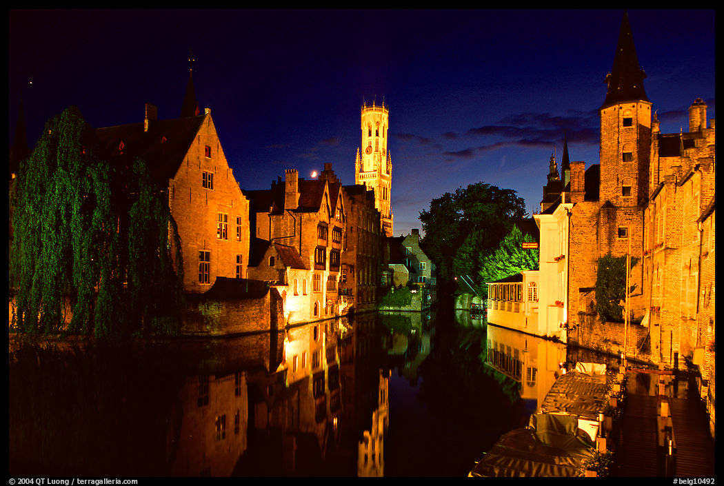 Old houses and beffroi Quai des Rosaires, night. Bruges, Belgium