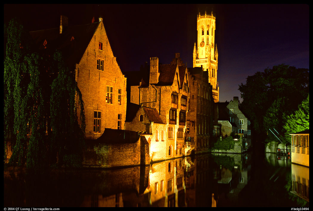 Old houses and beffroi reflected in canal at night. Bruges, Belgium
