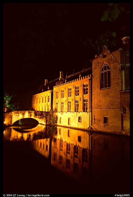 Houses and bridge reflected in canal at night. Bruges, Belgium