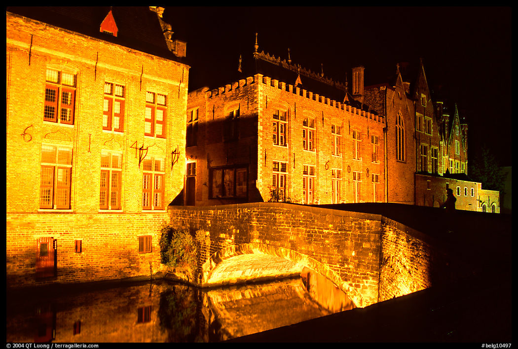 Bridge and house at night. Bruges, Belgium