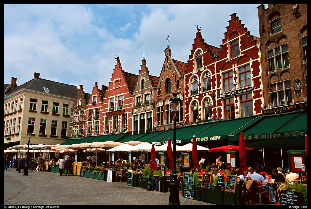 Restaurants and old houses on the Markt. Bruges, Belgium