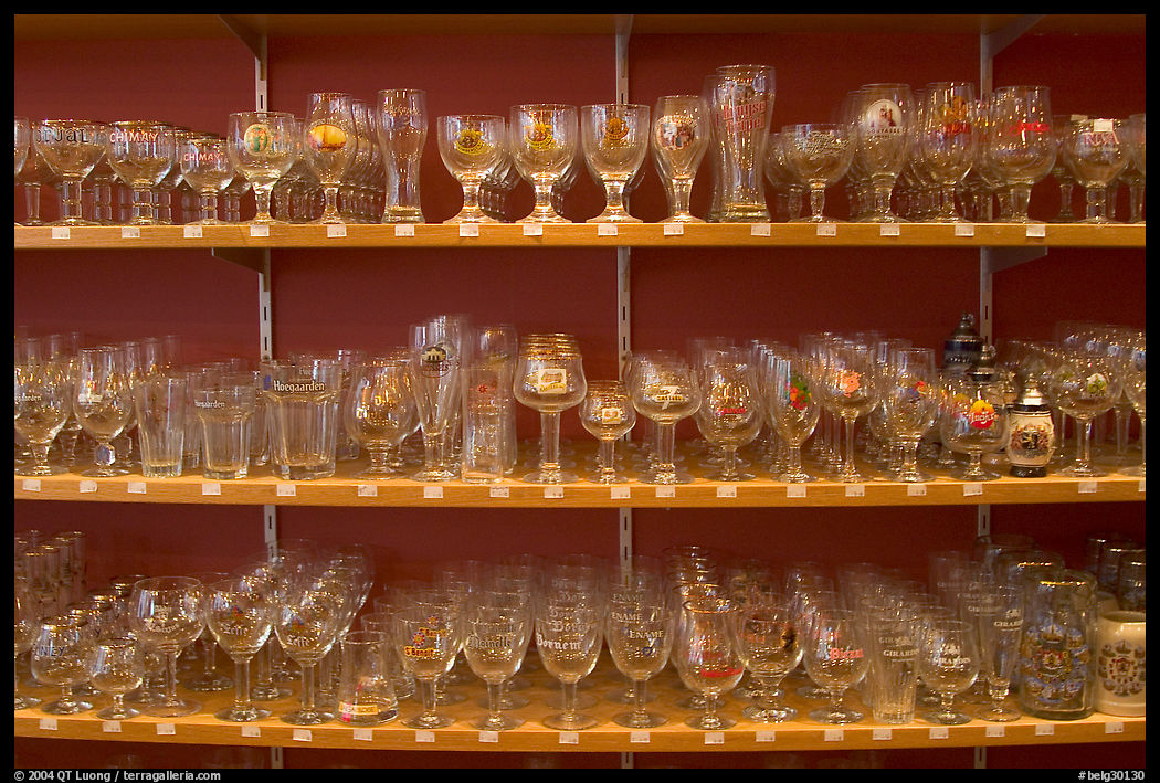 Large variety of glasses used to drink specific beers. Bruges, Belgium