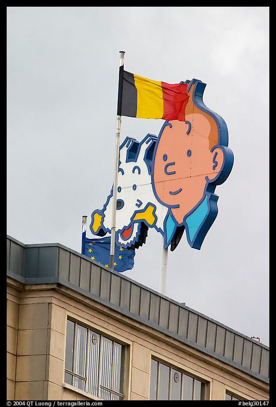 Tintin, Milou, and Belgian flag. Brussels, Belgium
