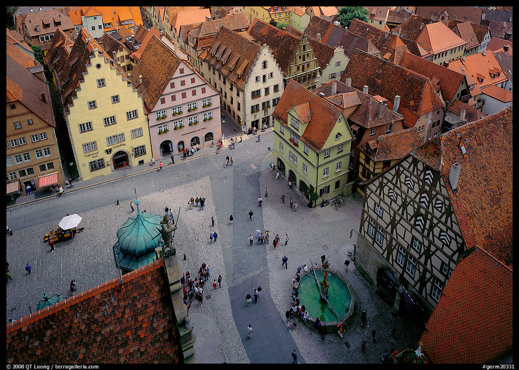 Marktplatz seen from the Rathaus tower. Rothenburg ob der Tauber, Bavaria, Germany