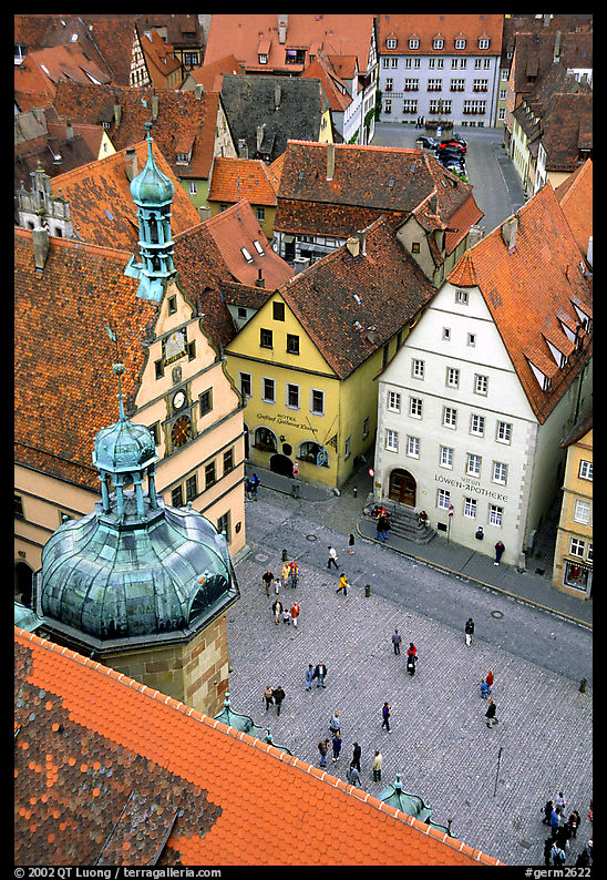 Marktplatz seen from the Rathaus tower. Rothenburg ob der Tauber, Bavaria, Germany