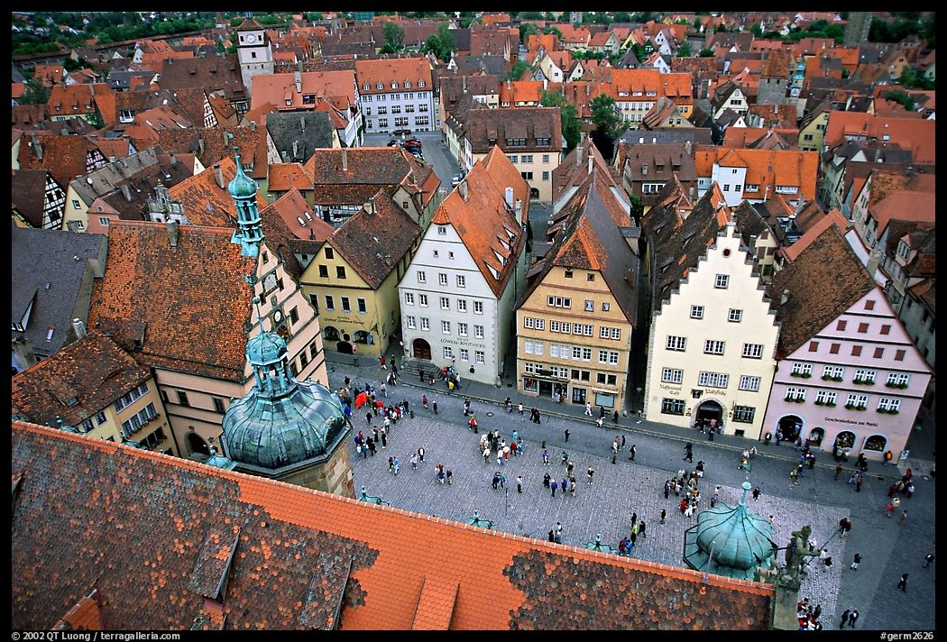 Marktplatz seen from the Rathaus tower. Rothenburg ob der Tauber, Bavaria, Germany