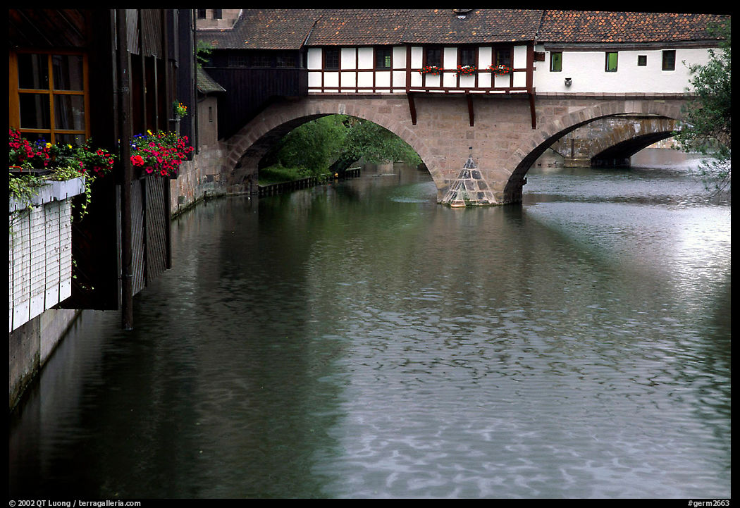 Timbered houses built accross the river. Nurnberg, Bavaria, Germany