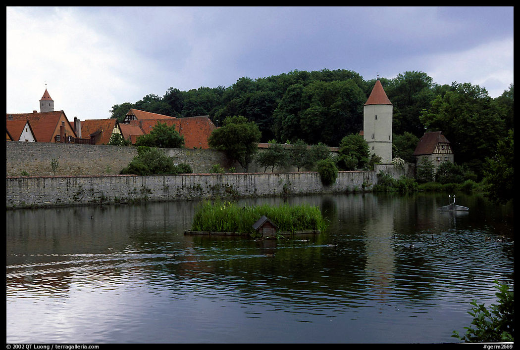 Duck pond and rampart walls, Dinkelsbuhl. Bavaria, Germany