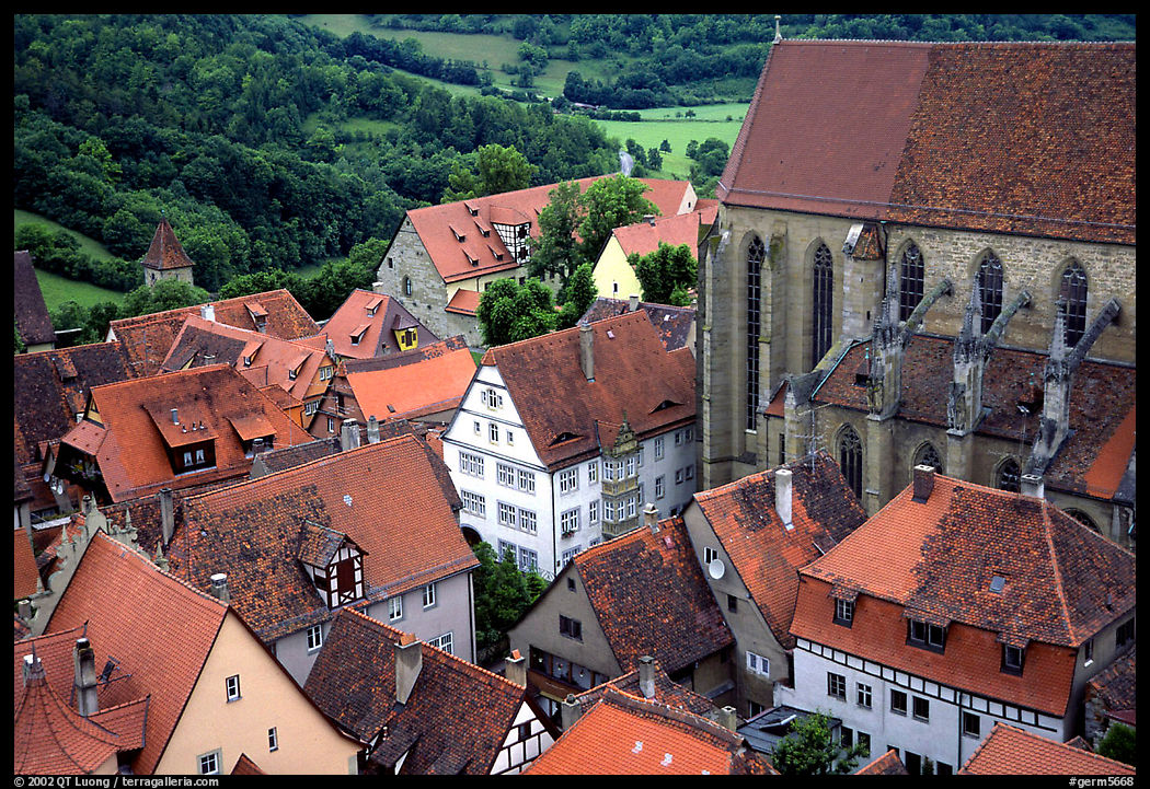 House rooftops and Kirche Sankt-Jakob seen from the Rathaus tower. Rothenburg ob der Tauber, Bavaria, Germany