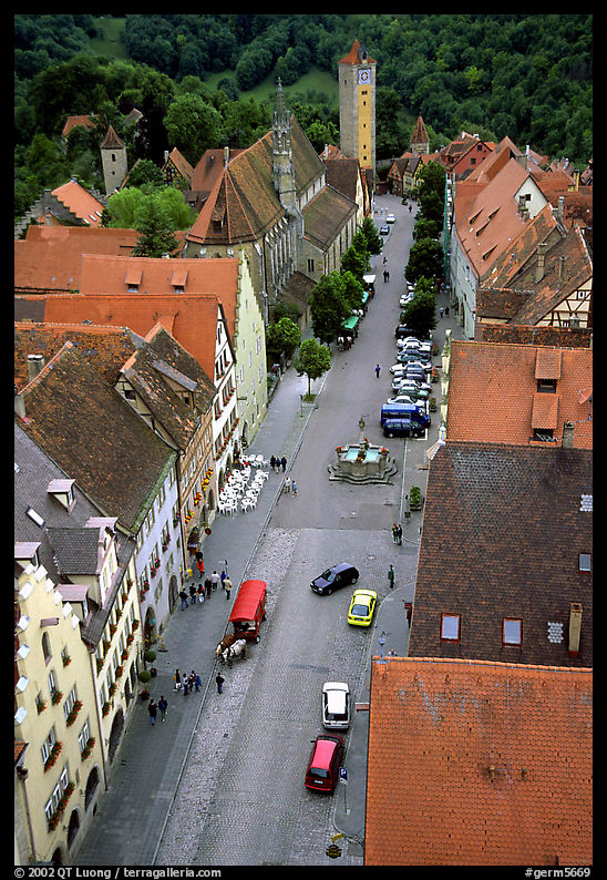House rooftops and Street seen from the Rathaus tower. Rothenburg ob der Tauber, Bavaria, Germany