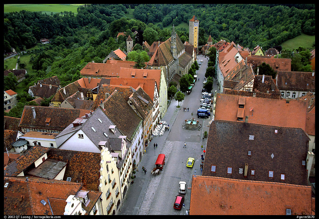 House rooftops and Street seen from the Rathaus tower. Rothenburg ob der Tauber, Bavaria, Germany