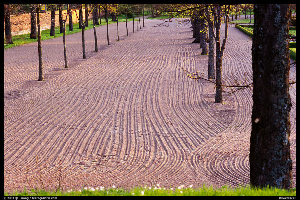 Raked sand in the garden of the 12th century church in Gamla Uppsala. Uppland, Sweden