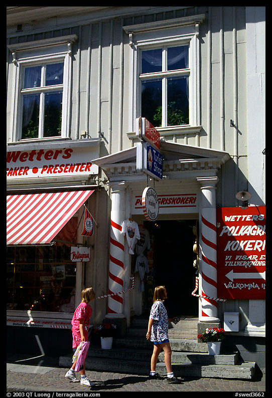 Kids in front of candy store in Granna. Gotaland, Sweden