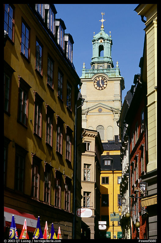 Street and church in Gamla Stan. Stockholm, Sweden
