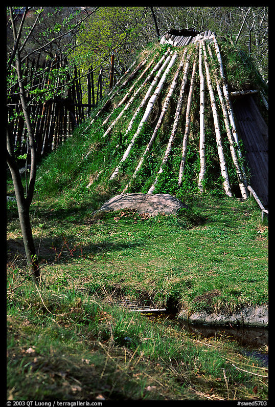 Traditional hut covered with grass, Skansen. Stockholm, Sweden
