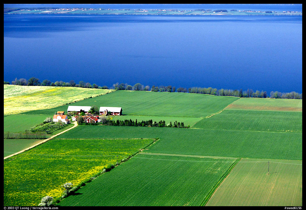 Fields bordering lake Vattern near Granna. Gotaland, Sweden