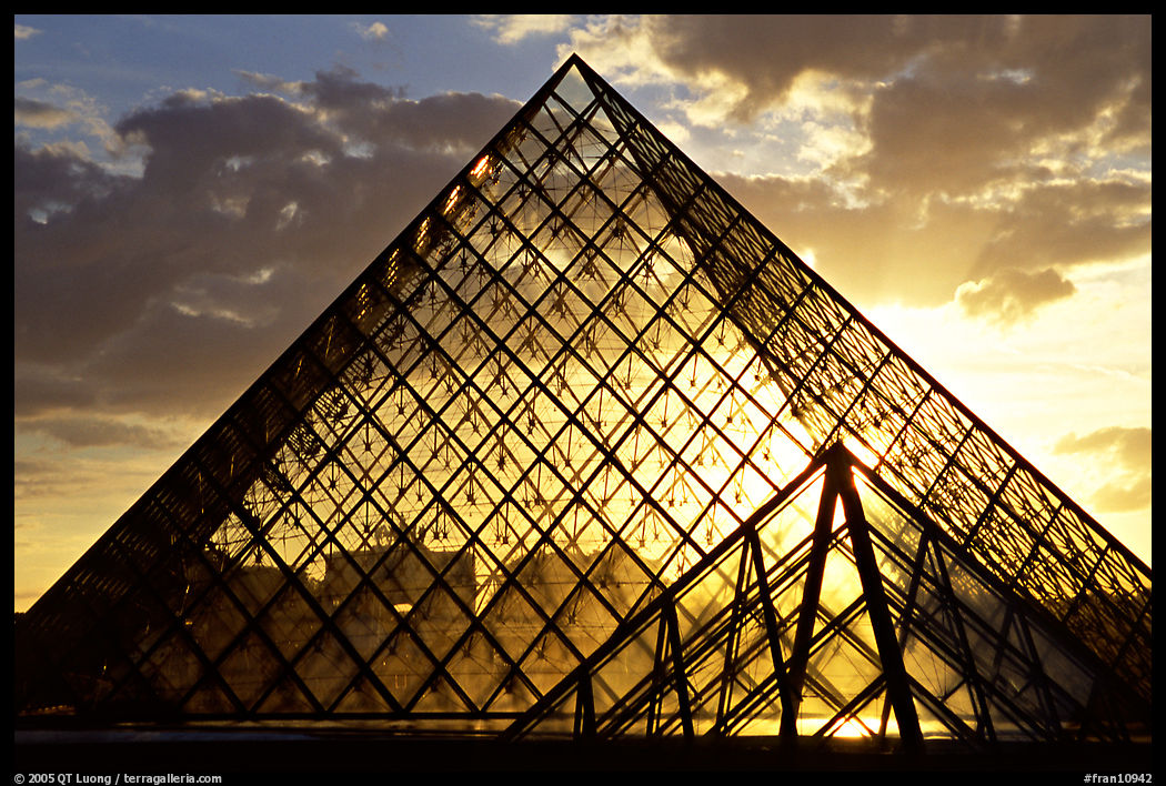 Pyramid at sunset, the Louvre. Paris, France