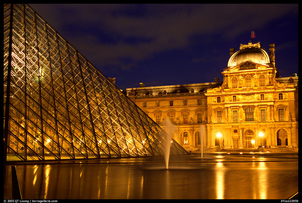 Pyramid, basin, and Louvre at night. Paris, France