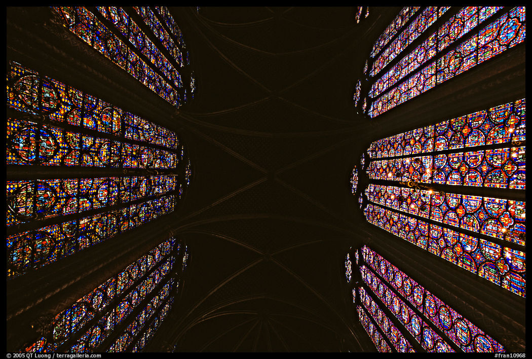 Stained glass and ceiling of Holy Chapel. Paris, France