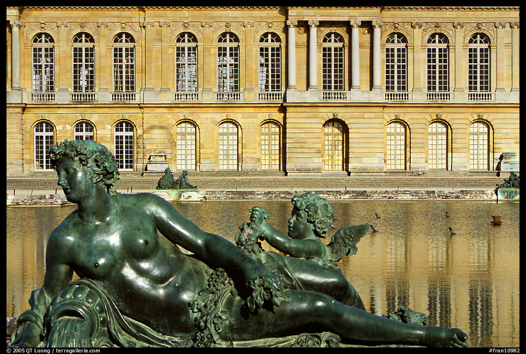 Statue, basin, and facade, afternoon, Palais de Versailles. France