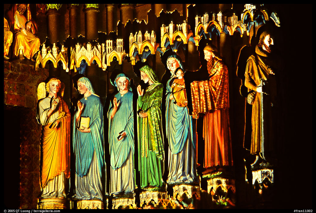 Sculptures laser-illuminated at night to recreate original colors, Amiens. France