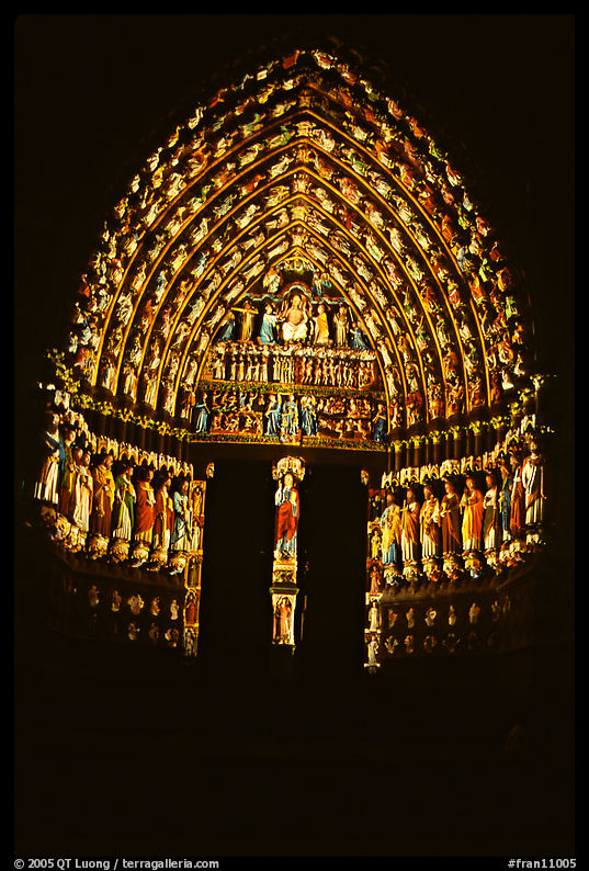 Door of Cathedral laser-illuminated to recreate original colors, Amiens. France
