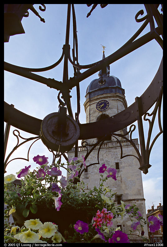 Flowers and clock tower,  Amiens. France