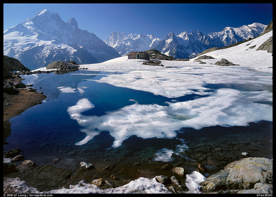 Partly Frozen Lac Blanc, Aiguille Verte, and Mont-Blanc range, Chamonix. France