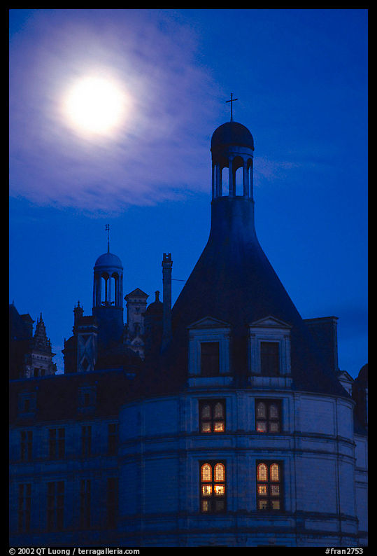 Detail of Chambord chateau with moon. Loire Valley, France