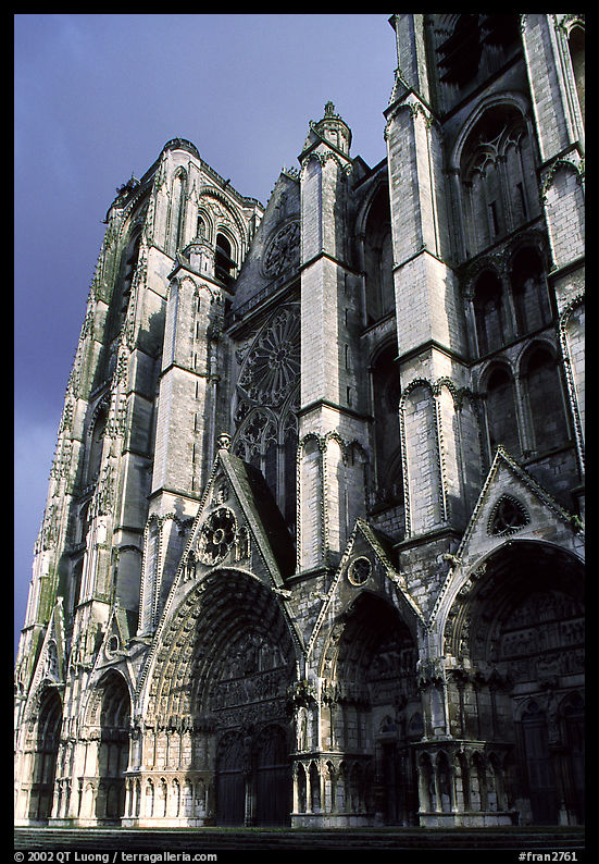 Front of the Saint-Etienne Cathedral with an unusual five-portal arrangement. Bourges, Berry, France