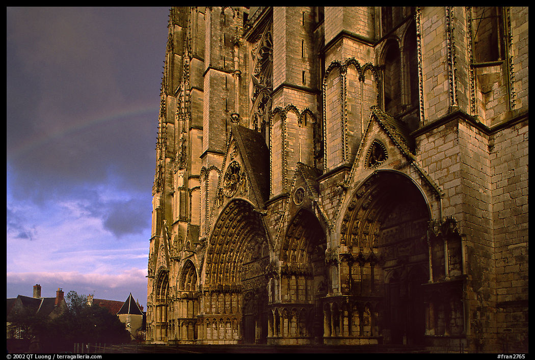 Front of the Saint-Etienne Cathedral and rainbow. Bourges, Berry, France