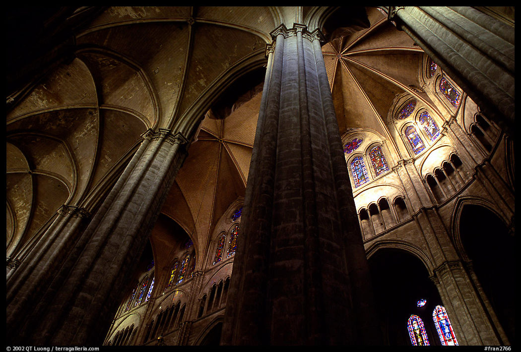 Soaring gothic columns inside the Saint-Etienne Cathedral. Bourges, Berry, France