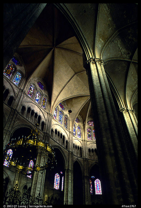 Soaring gothic columns inside the Saint-Etienne Cathedral. Bourges, Berry, France