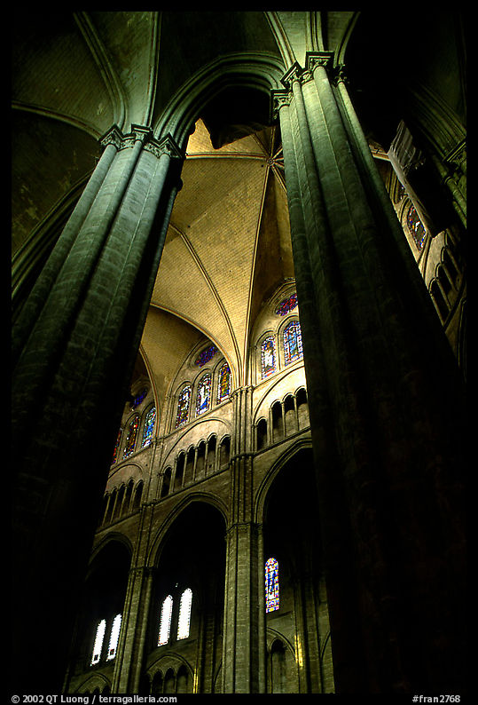 Soaring gothic columns inside the Saint-Etienne Cathedral. Bourges, Berry, France