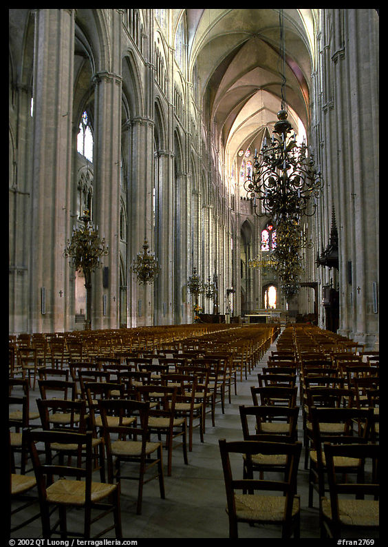 Center aisle inside the Saint-Etienne Cathedral. Bourges, Berry, France